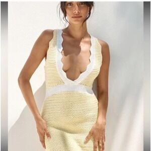 Fortunate One Yellow White Crochet Maxi‎ Dress Lace Up Back Deep V Neck